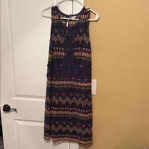 Boho Crochet-Panel Navy and Tan Women's Dress